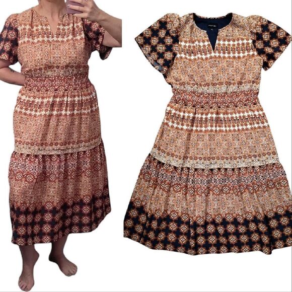 Isabel & Nina Navy Blue Red Multi Printed Short Sleeve Midi Tiered Dress Large - Picture 6 of 14